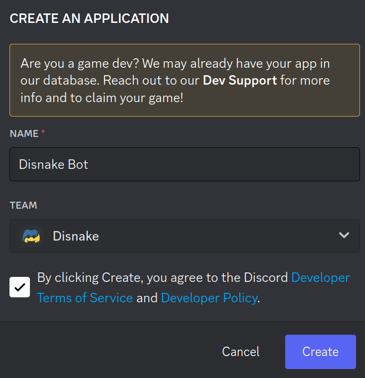 Create Application modal