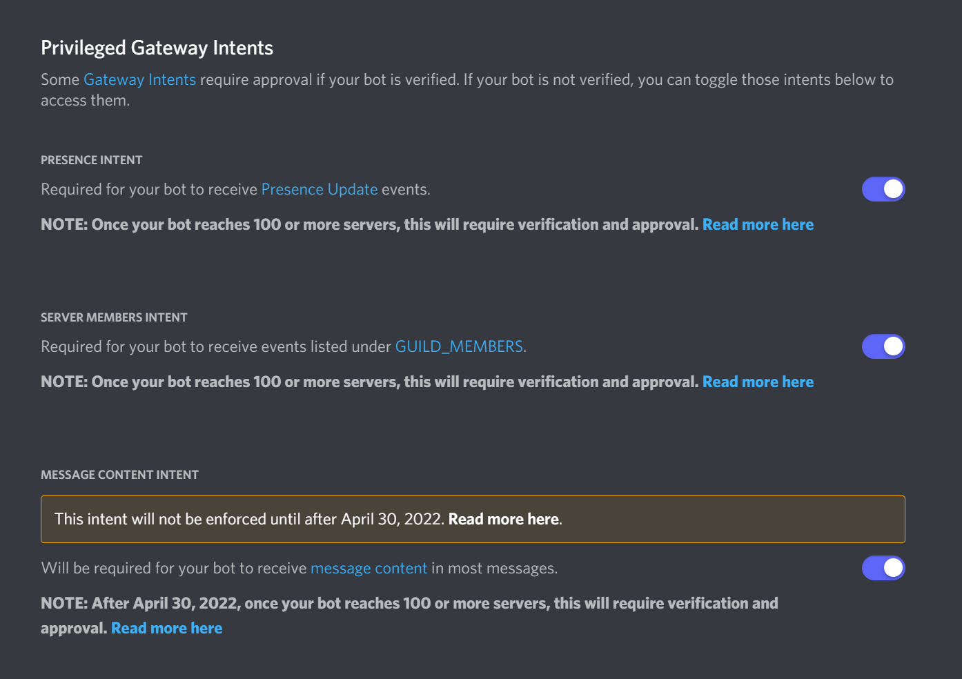 The privileged gateway intents selector.